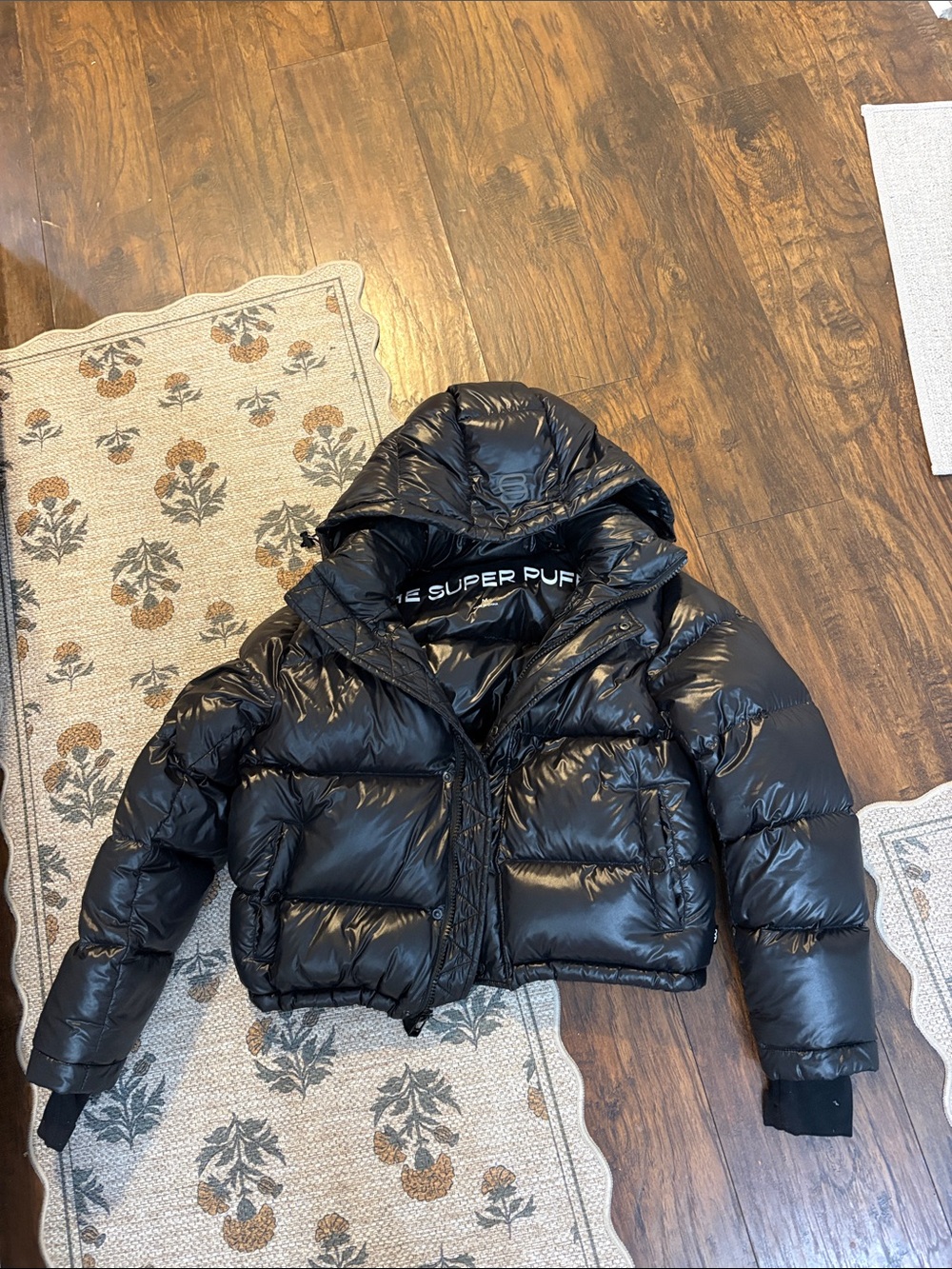 Aritzia Black Shiny Cropped Super Puffer Jacket